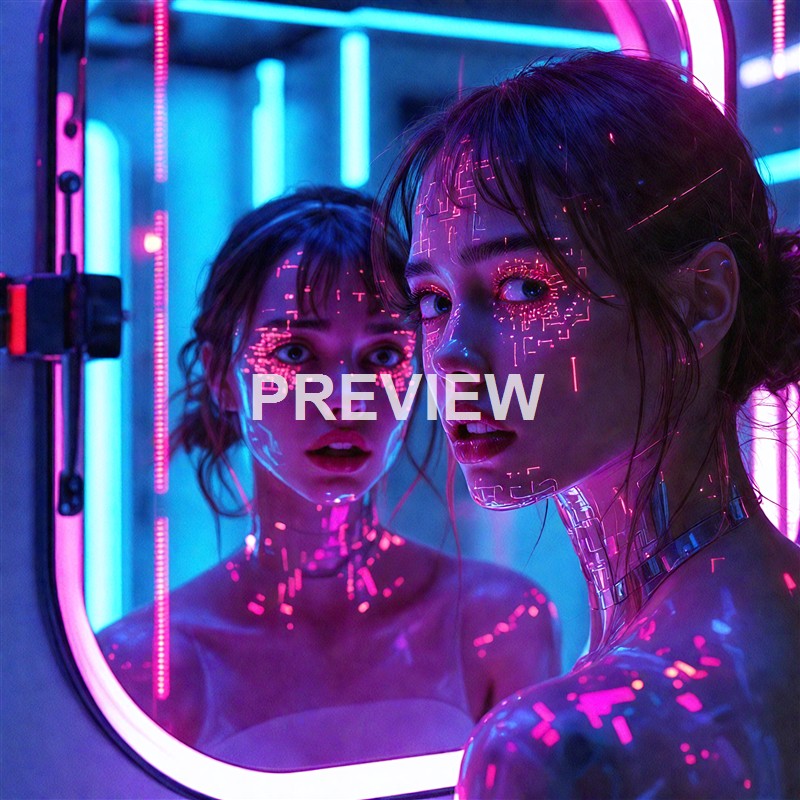 A woman with glowing cybernetic tattoos on her face and body, looking into a mirror in a futuristic setting illuminated by neon pink and blue lights.